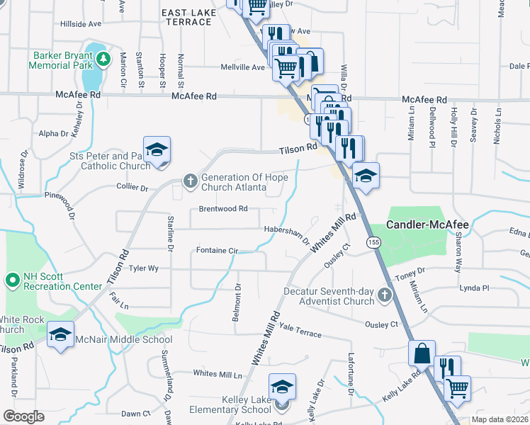 map of restaurants, bars, coffee shops, grocery stores, and more near 2190 Knoll Drive in Decatur
