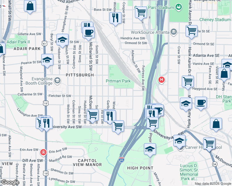 map of restaurants, bars, coffee shops, grocery stores, and more near 287 Fletcher Street Southwest in Atlanta