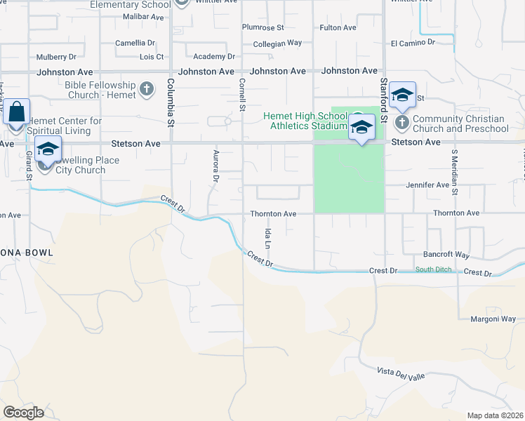map of restaurants, bars, coffee shops, grocery stores, and more near 41304 Thornton Avenue in Hemet