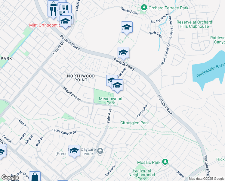 map of restaurants, bars, coffee shops, grocery stores, and more near 12025 Yale Court in Irvine