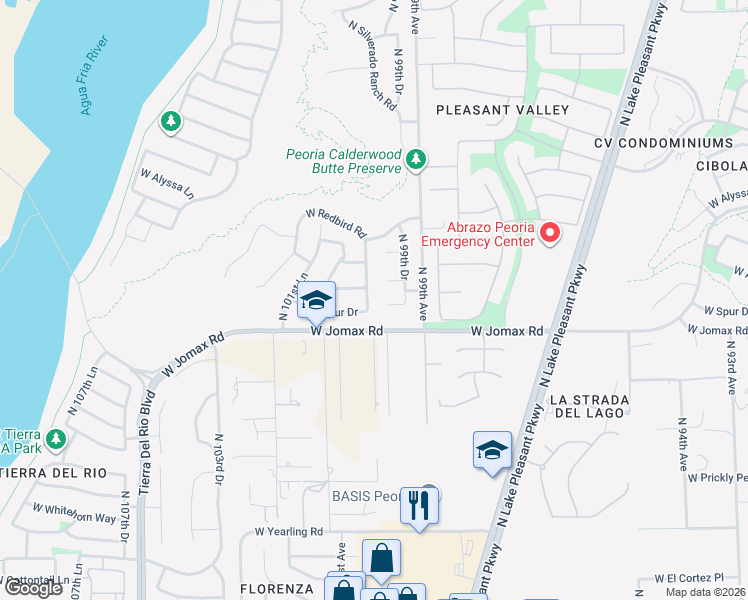 map of restaurants, bars, coffee shops, grocery stores, and more near 26723 North 100th Avenue in Peoria