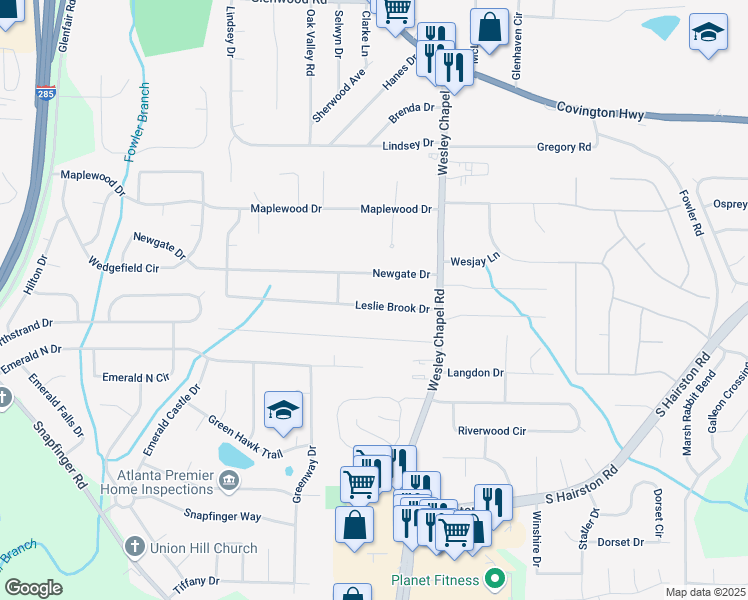 map of restaurants, bars, coffee shops, grocery stores, and more near 2419 Leslie Brook Drive in Decatur
