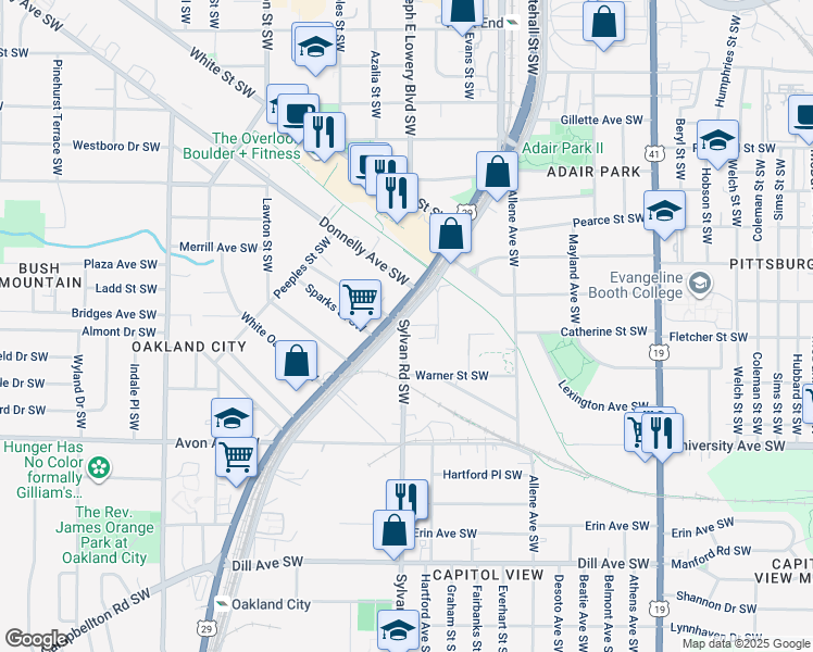 map of restaurants, bars, coffee shops, grocery stores, and more near 1553 Sylvan Road Southwest in Atlanta