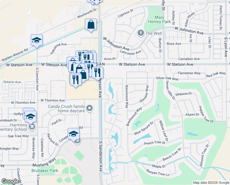 map of restaurants, bars, coffee shops, grocery stores, and more near 1267 Bee Balm Road in Hemet