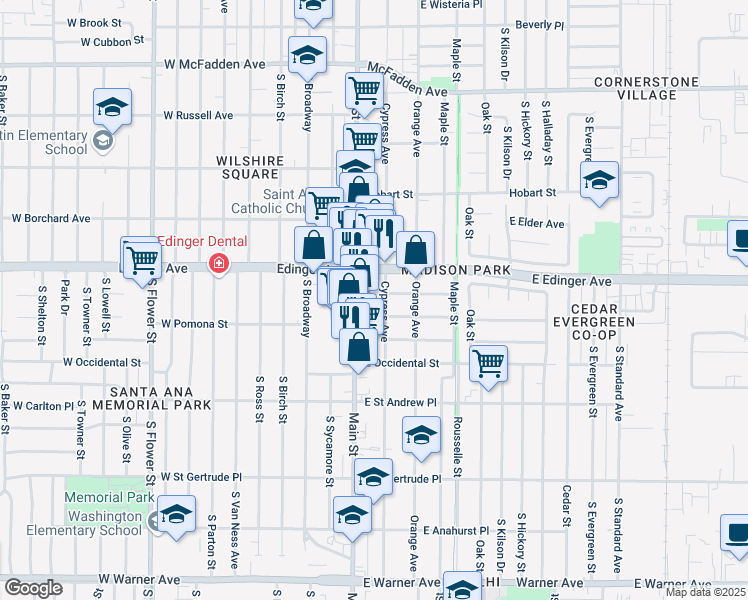 map of restaurants, bars, coffee shops, grocery stores, and more near 118 East Stanford Street in Santa Ana