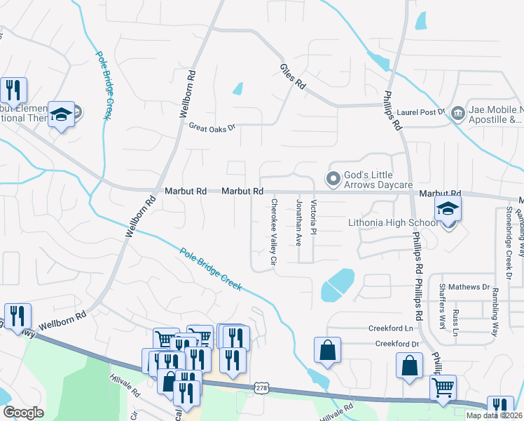 map of restaurants, bars, coffee shops, grocery stores, and more near 6076 Cherokee Valley Lane in Lithonia