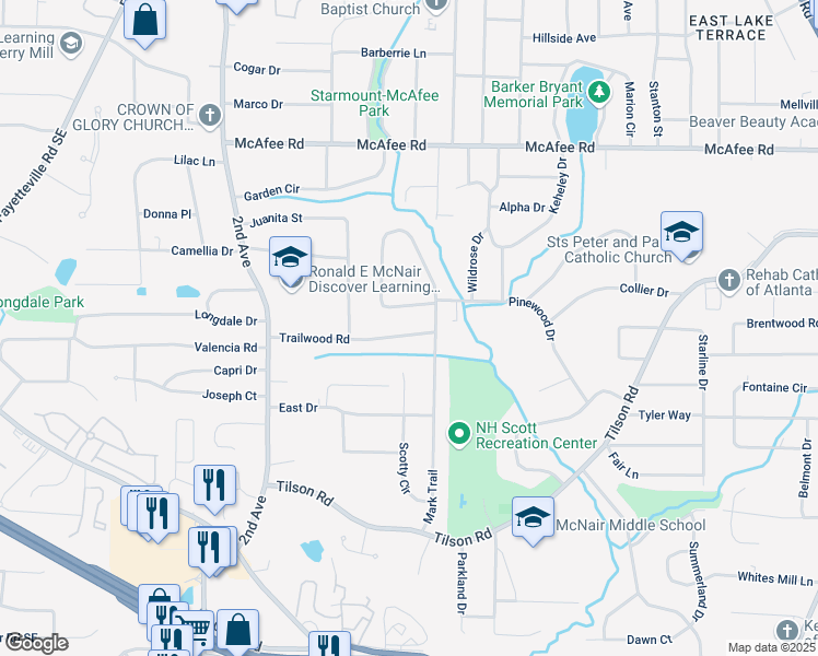 map of restaurants, bars, coffee shops, grocery stores, and more near 2146 Trailwood Road in Decatur