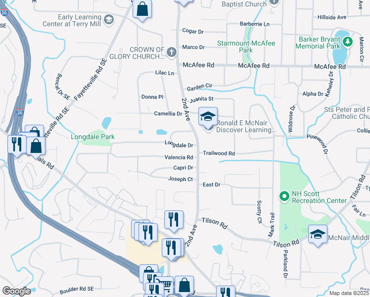 map of restaurants, bars, coffee shops, grocery stores, and more near 1987 Longdale Drive in Decatur