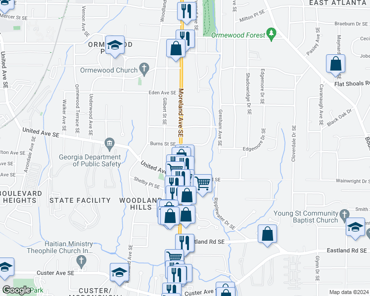 map of restaurants, bars, coffee shops, grocery stores, and more near 1191 Beechview Drive Southeast in Atlanta