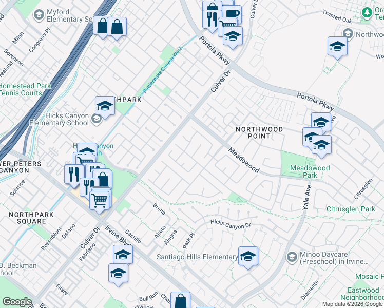 map of restaurants, bars, coffee shops, grocery stores, and more near 21 Trailwood in Irvine
