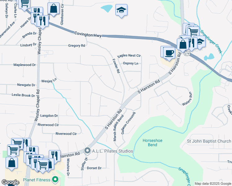 map of restaurants, bars, coffee shops, grocery stores, and more near 4565 Tudor Castle Drive in Decatur