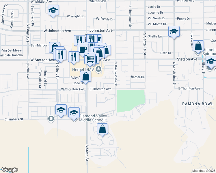 map of restaurants, bars, coffee shops, grocery stores, and more near 354 East Thornton Avenue in Hemet
