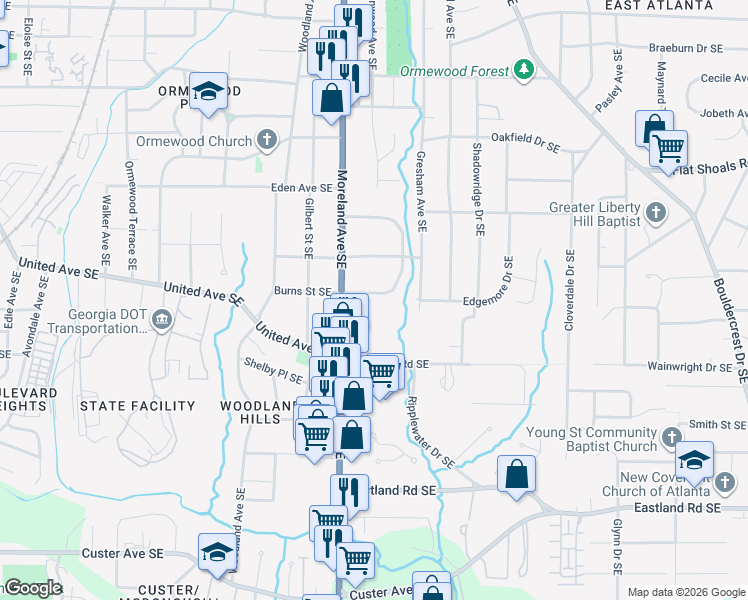 map of restaurants, bars, coffee shops, grocery stores, and more near 1219 Beechview Drive Southeast in Atlanta