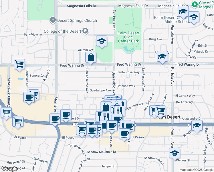 map of restaurants, bars, coffee shops, grocery stores, and more near 73439 Catalina Way in Palm Desert