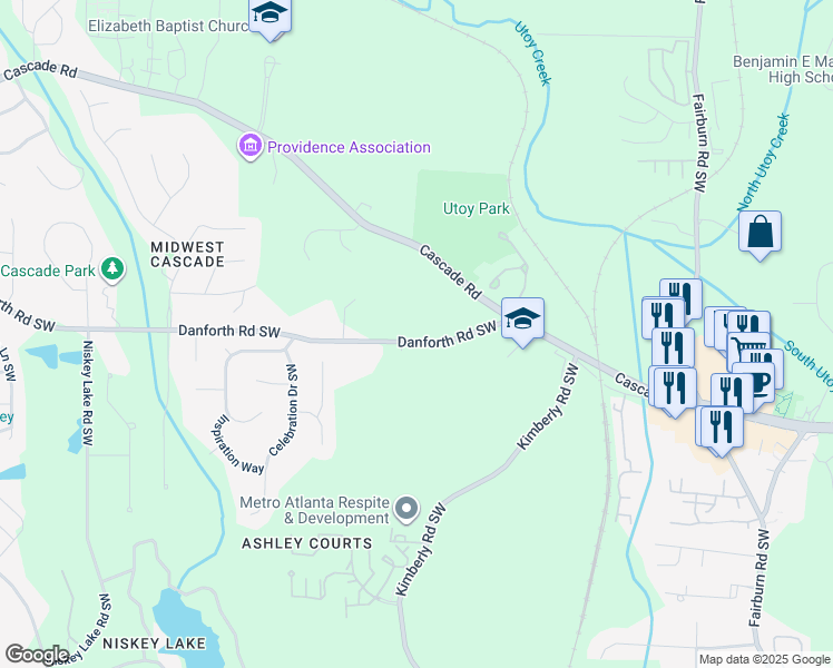 map of restaurants, bars, coffee shops, grocery stores, and more near 4071 Danforth Road Southwest in Atlanta
