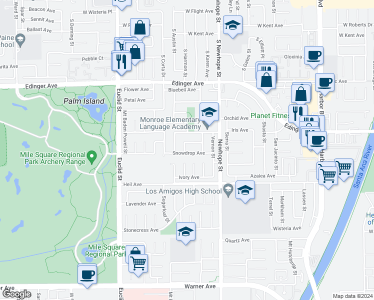 map of restaurants, bars, coffee shops, grocery stores, and more near 11337 Snowdrop Avenue in Fountain Valley