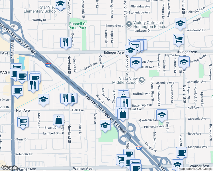 map of restaurants, bars, coffee shops, grocery stores, and more near 8810 Universe Avenue in Westminster