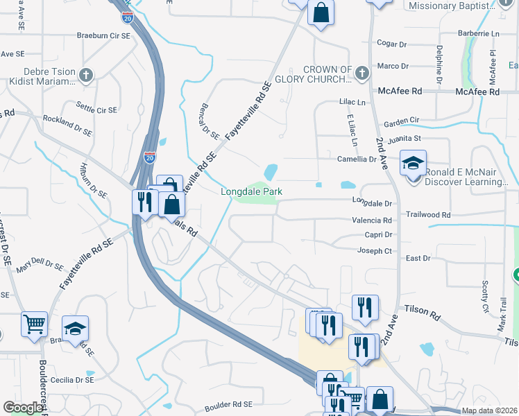 map of restaurants, bars, coffee shops, grocery stores, and more near 1802 Valencia Road in Decatur