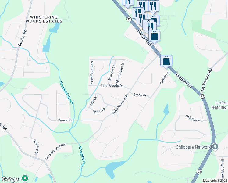 map of restaurants, bars, coffee shops, grocery stores, and more near 2998 Jamey Lane in Douglasville