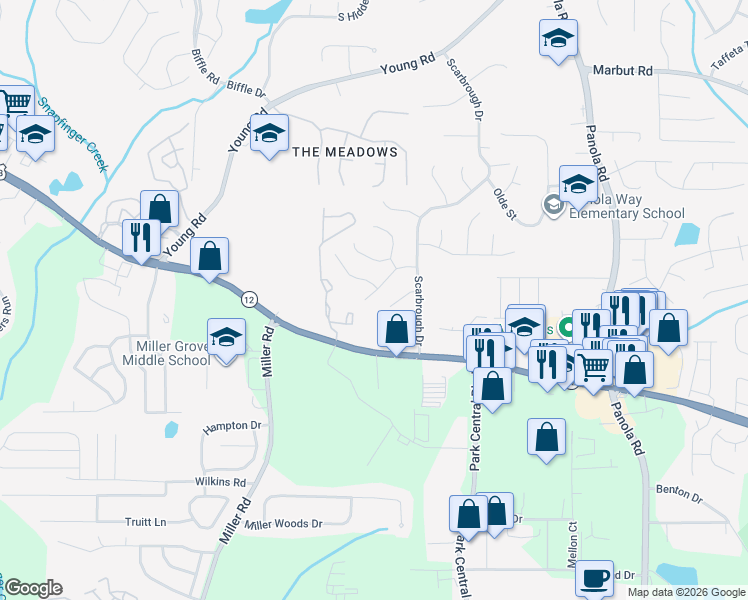 map of restaurants, bars, coffee shops, grocery stores, and more near 5175 Scarbrough Lane in Stone Mountain
