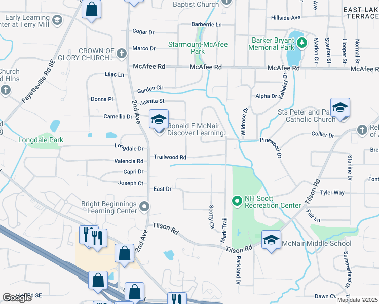 map of restaurants, bars, coffee shops, grocery stores, and more near 2192 Juanita Street in Decatur