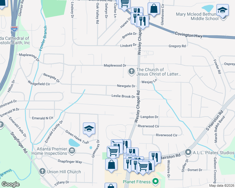 map of restaurants, bars, coffee shops, grocery stores, and more near 2319 Leslie Brook Drive in Decatur