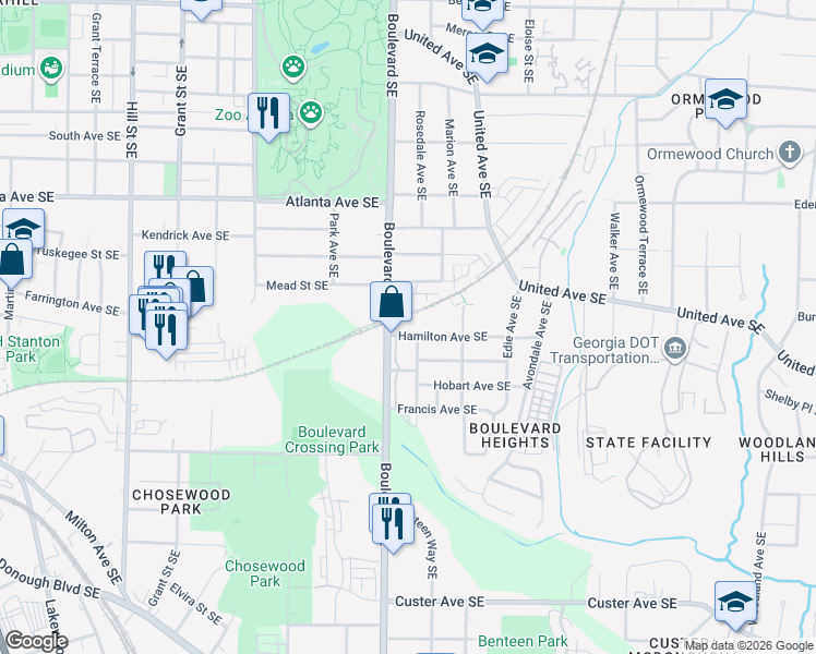 map of restaurants, bars, coffee shops, grocery stores, and more near 632 Hamilton Avenue Southeast in Atlanta