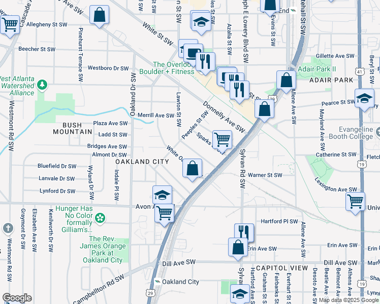 map of restaurants, bars, coffee shops, grocery stores, and more near 1050 Lawton Avenue Southwest in Atlanta