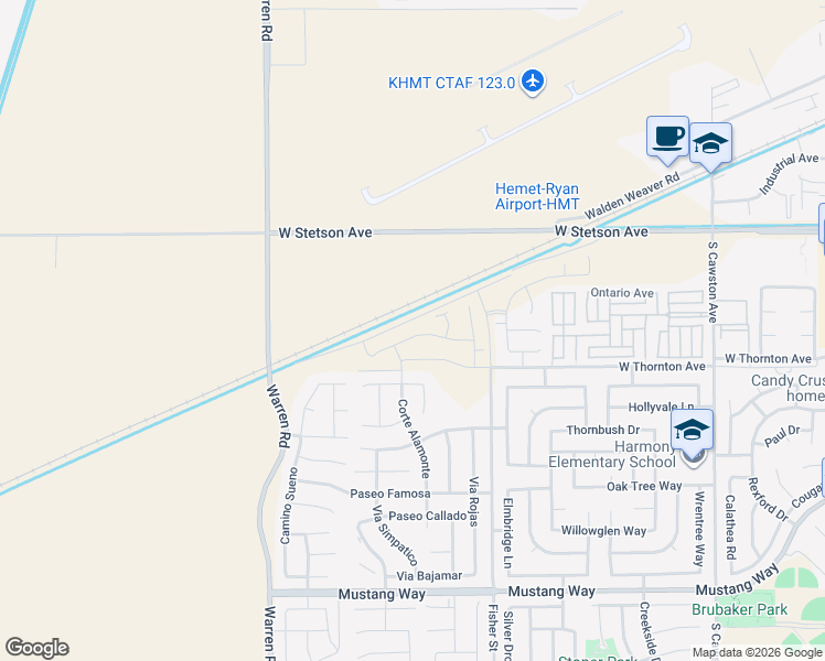 map of restaurants, bars, coffee shops, grocery stores, and more near 5256 Amaryllis Street in Hemet