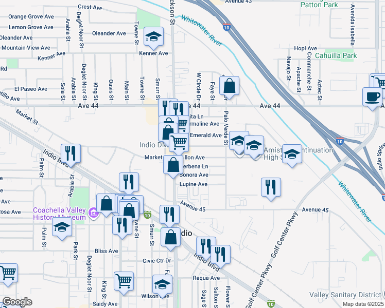 map of restaurants, bars, coffee shops, grocery stores, and more near 83057 Dillon Avenue in Indio