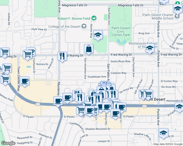 map of restaurants, bars, coffee shops, grocery stores, and more near 73331 Catalina Way in Palm Desert