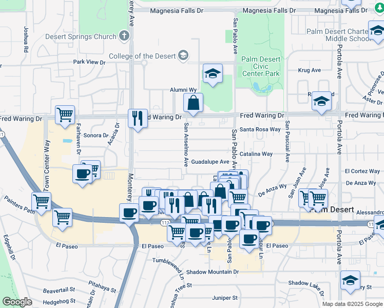 map of restaurants, bars, coffee shops, grocery stores, and more near in Palm Desert