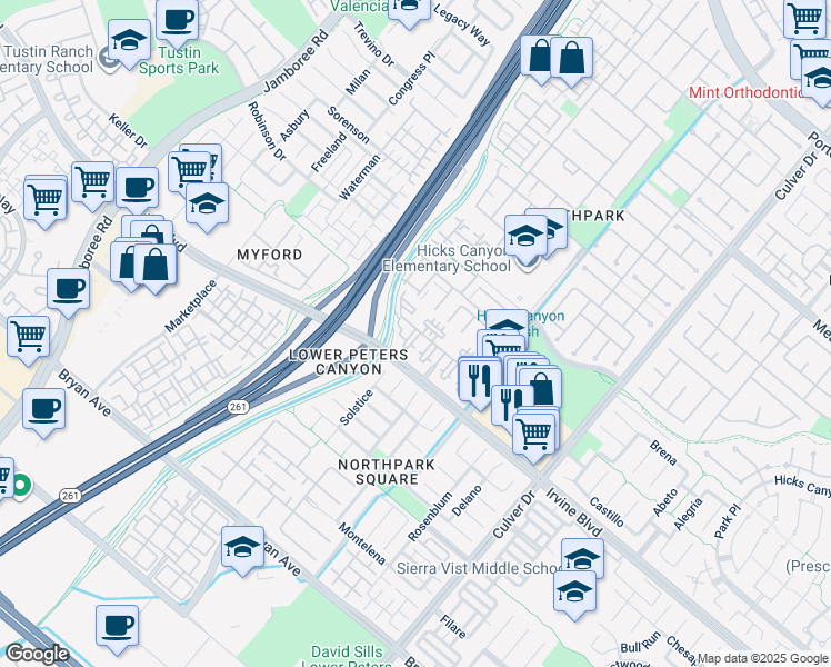 map of restaurants, bars, coffee shops, grocery stores, and more near 209 Estancia in Irvine