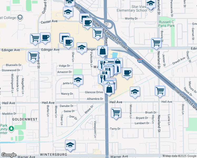 map of restaurants, bars, coffee shops, grocery stores, and more near 16301 Beach Boulevard in Huntington Beach