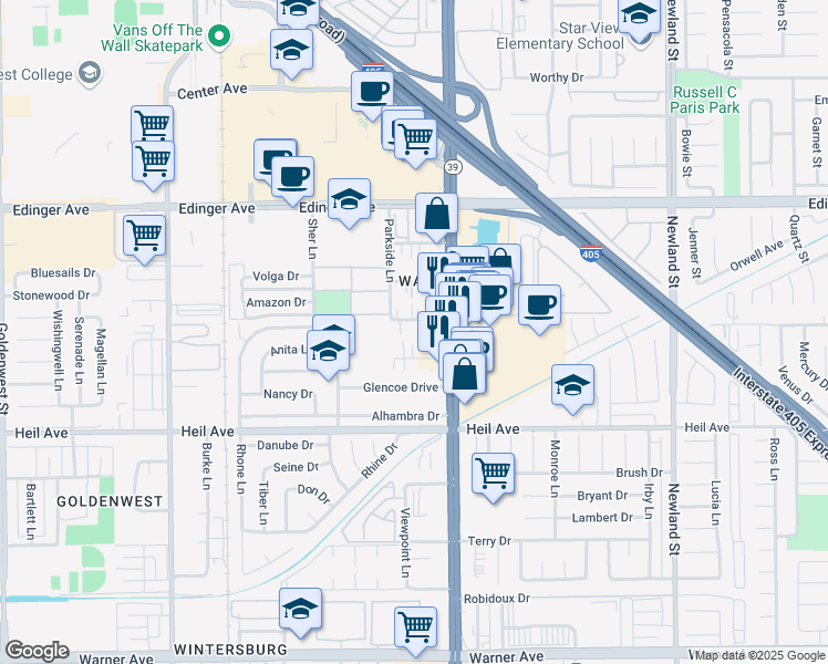 map of restaurants, bars, coffee shops, grocery stores, and more near 16301 Beach Boulevard in Huntington Beach