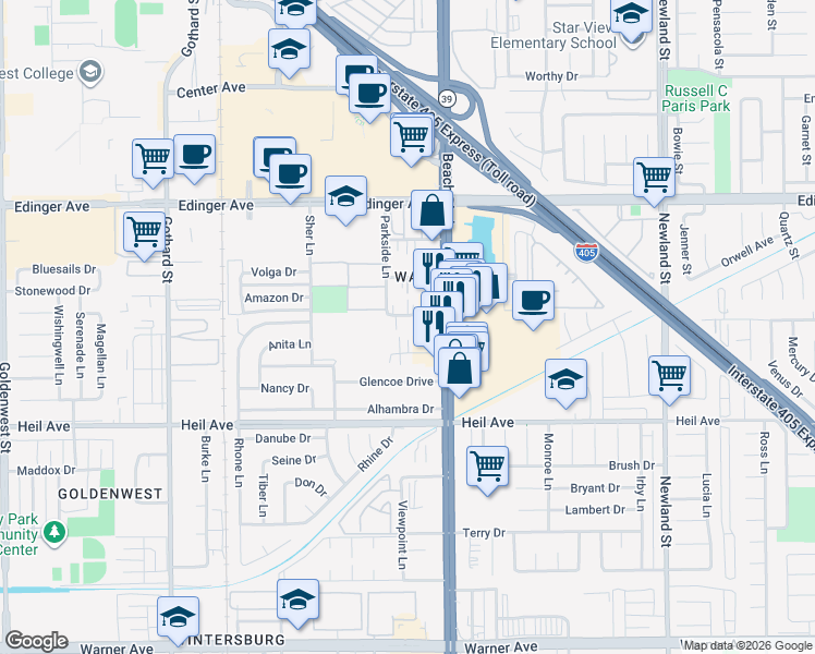 map of restaurants, bars, coffee shops, grocery stores, and more near 7892 Holt Drive in Huntington Beach