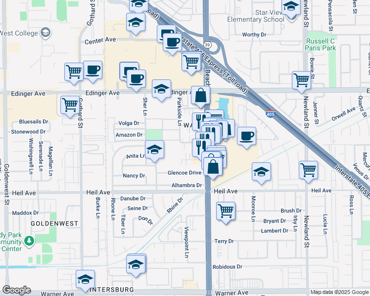 map of restaurants, bars, coffee shops, grocery stores, and more near 7802 Holt Drive in Huntington Beach