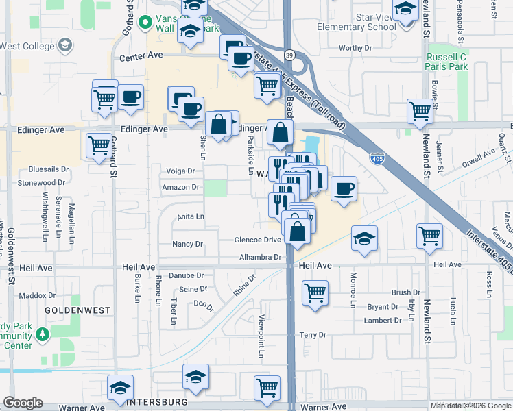 map of restaurants, bars, coffee shops, grocery stores, and more near 7802 Holt Drive in Huntington Beach