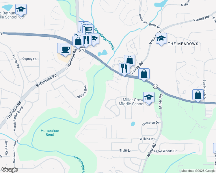 map of restaurants, bars, coffee shops, grocery stores, and more near 2134 Creekview Trail in Decatur