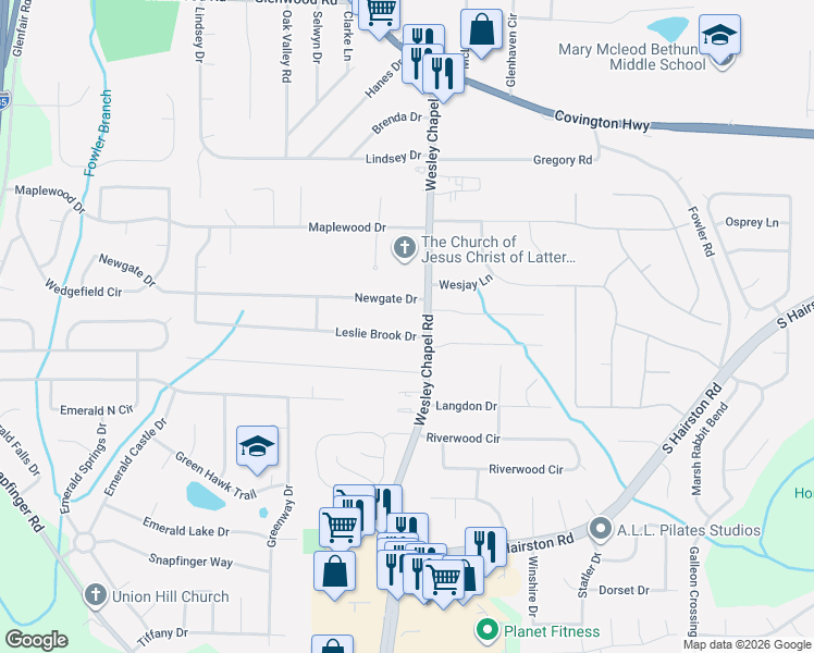 map of restaurants, bars, coffee shops, grocery stores, and more near 2481 Leslie Brook Drive in Decatur