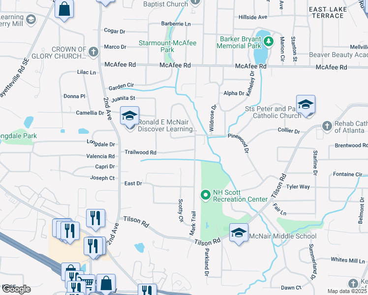 map of restaurants, bars, coffee shops, grocery stores, and more near 2146 Trailwood Road in Decatur