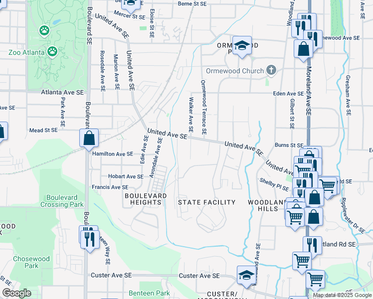 map of restaurants, bars, coffee shops, grocery stores, and more near 1035 Walker Avenue Southeast in Atlanta