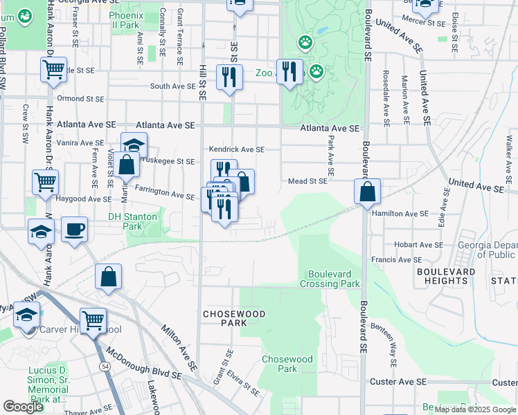 map of restaurants, bars, coffee shops, grocery stores, and more near 380 Grant Circle Southeast in Atlanta