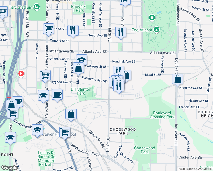 map of restaurants, bars, coffee shops, grocery stores, and more near 1038 Grant Terrace Southeast in Atlanta