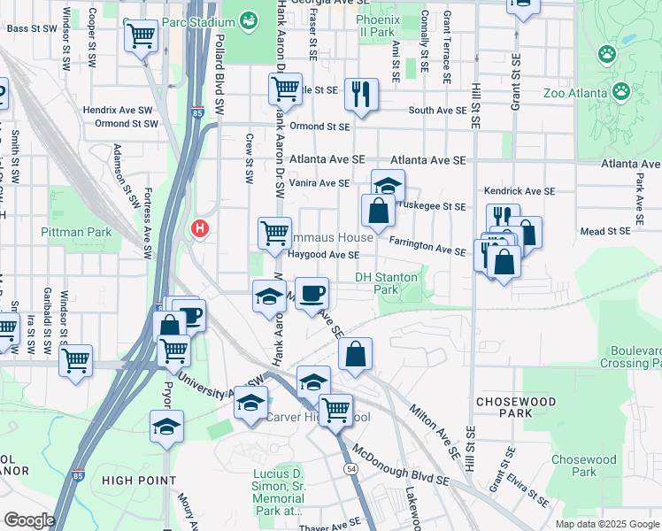 map of restaurants, bars, coffee shops, grocery stores, and more near 1039 Fern Avenue Southeast in Atlanta