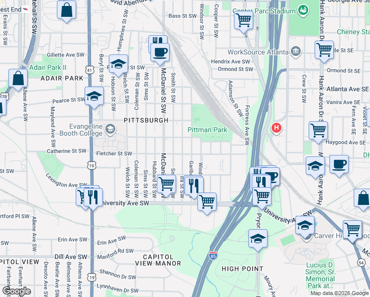 map of restaurants, bars, coffee shops, grocery stores, and more near 1048 Smith Street Southwest in Atlanta