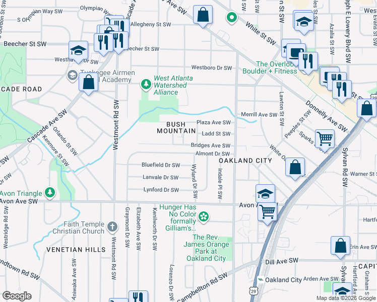 map of restaurants, bars, coffee shops, grocery stores, and more near 1345 Almont Drive Southwest in Atlanta