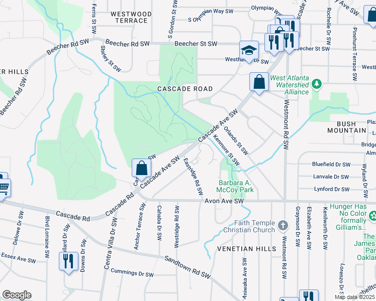 map of restaurants, bars, coffee shops, grocery stores, and more near 24 Belmonte Circle Southwest in Atlanta