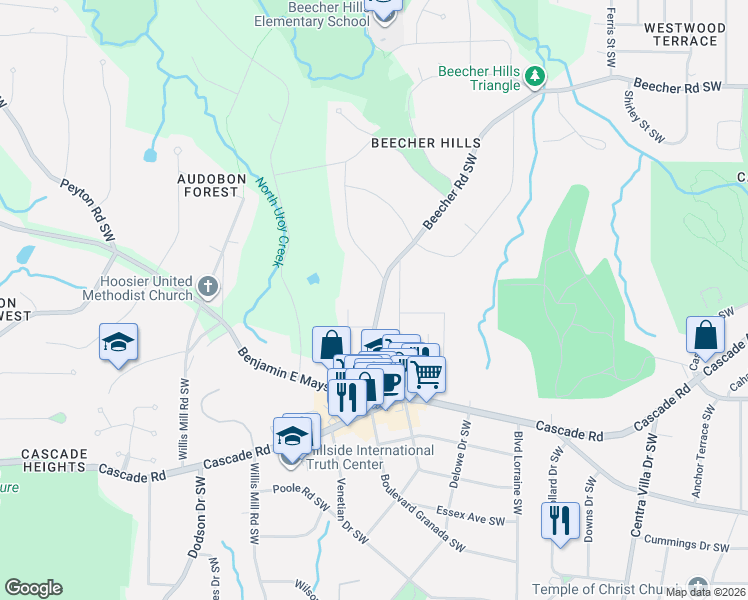 map of restaurants, bars, coffee shops, grocery stores, and more near 2326 Beecher Road Southwest in Atlanta