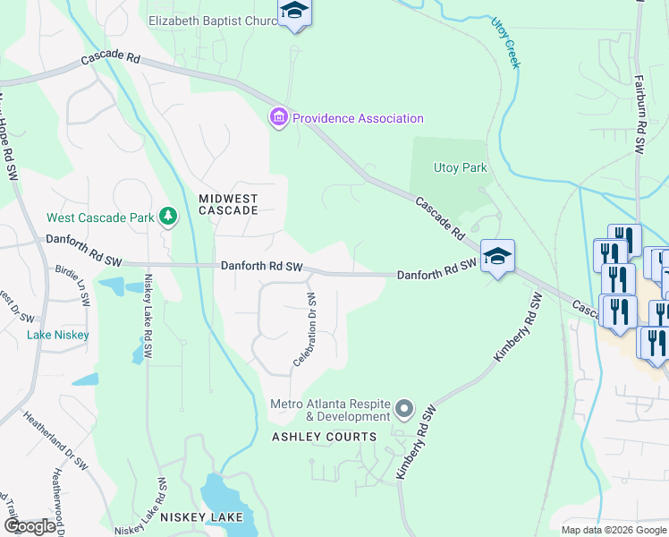 map of restaurants, bars, coffee shops, grocery stores, and more near 4181 Danforth Road Southwest in Atlanta